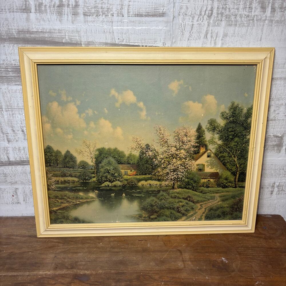 Vintage Cottage by the Pond Framed Landscape Print
